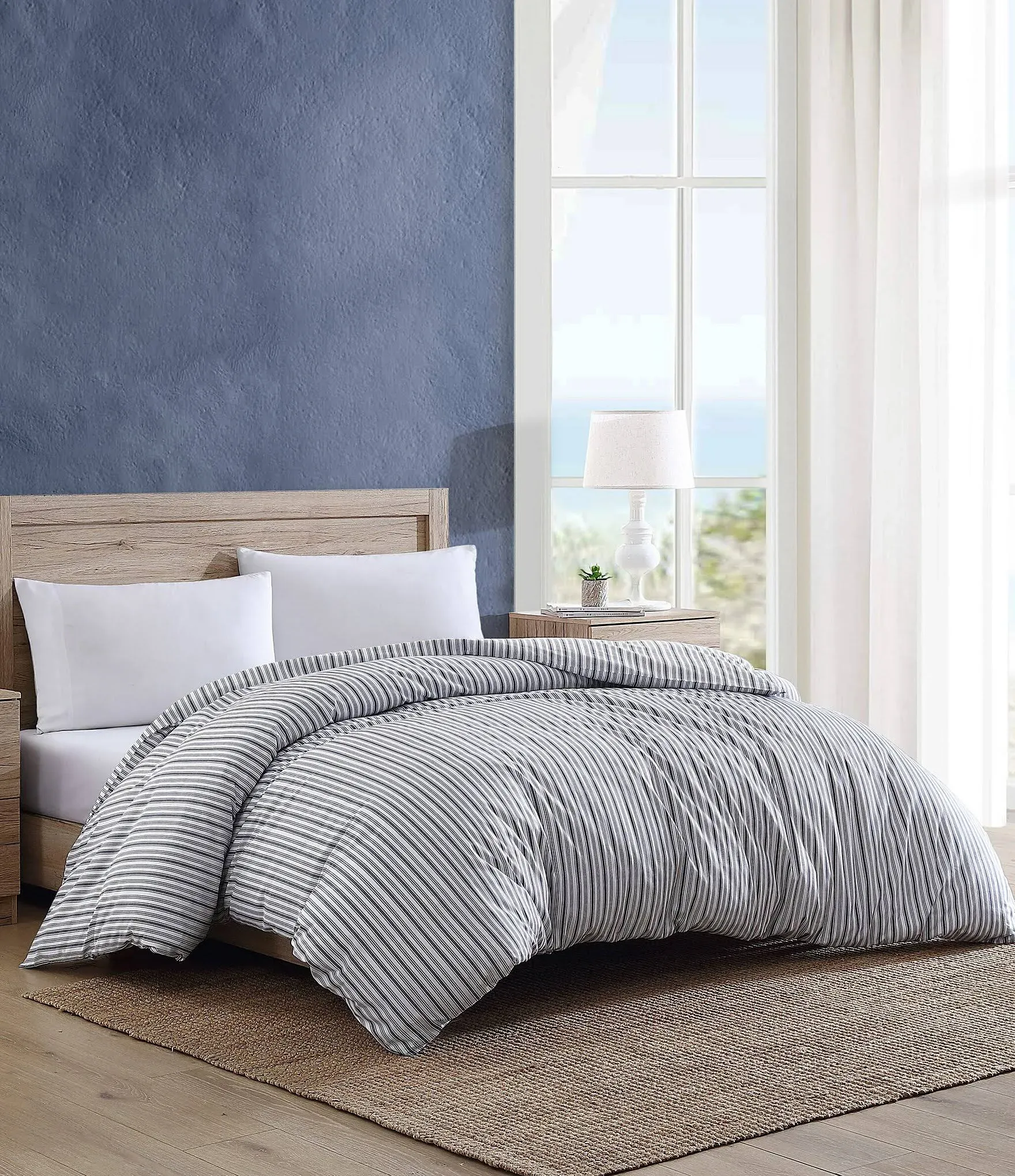 Nautica Coleridge Stripe Charcoal Cotton Percale Duvet Cover - Twin