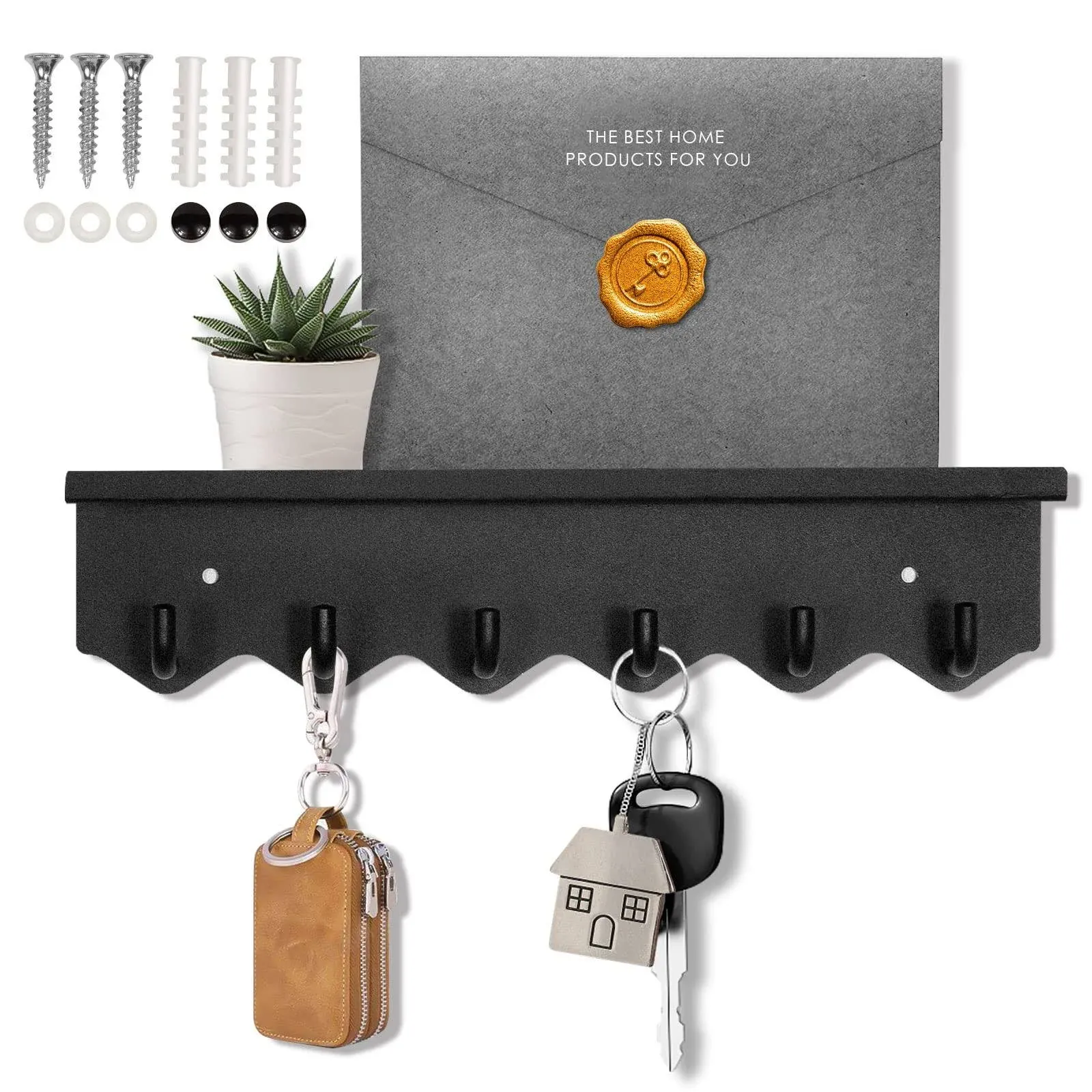 Wapodeai Key Rack with Tray, Self Adhesive or Screw Dual Use Key Rack with Small ...