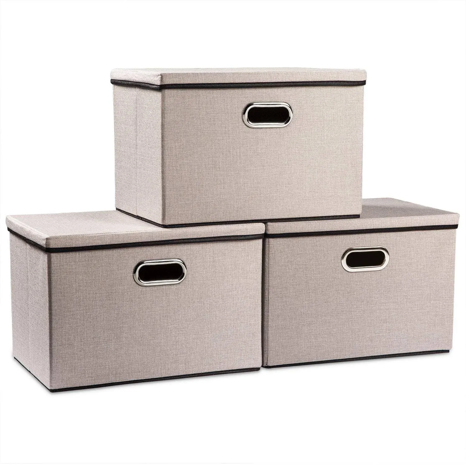 PRANDOM Large Foldable Storage Bins with Lids [3-pack] Linen Fabric Storage Boxes ...