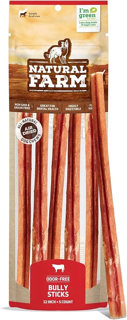 Natural Farm Bully Sticks for Dogs, Extra Thick, 6 Inches, 4 Pack