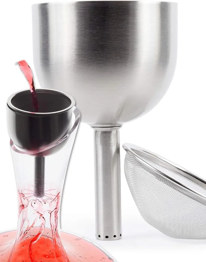 Plaisir De La Cave 3in1 Steel Funnel with Strainer (Wine Shower + Aerator + Filter) - Improves Wine & Clears Residues