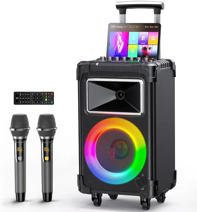 JYX Karaoke Machine, 10" Woofer Big Bluetooth Karaoke Speaker, Portable Party Speaker with 2 Wireless Mics, Party Lights & Bass/Treble/Echo Adjustment, Supports Vocal Cut, TWS/Bluetooth/REC/USB/TF/AUX