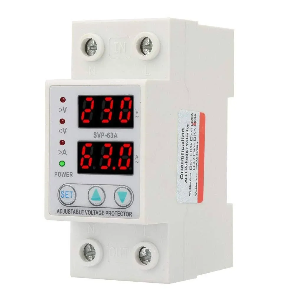 Double LED Display Single Phase Adjustable Voltage Current Protector Voltage Protective Device AC230V 63A x 36 x 60mm