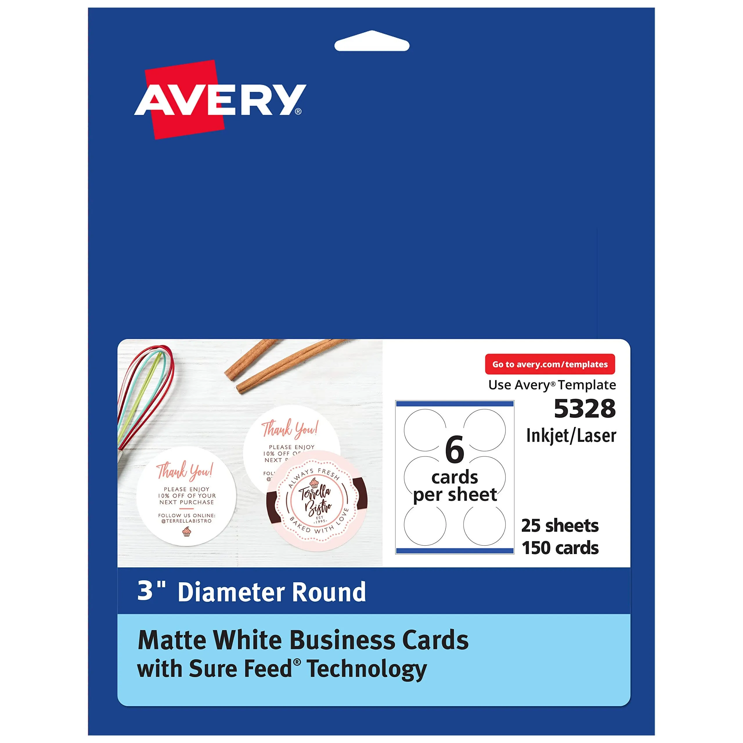 Avery Round Business Cards with Sure Feed Technology, 3" Diameter, Matte White, 150 Round Cards Total, Print-to-The-Edge, Laser/Inkjet Printable