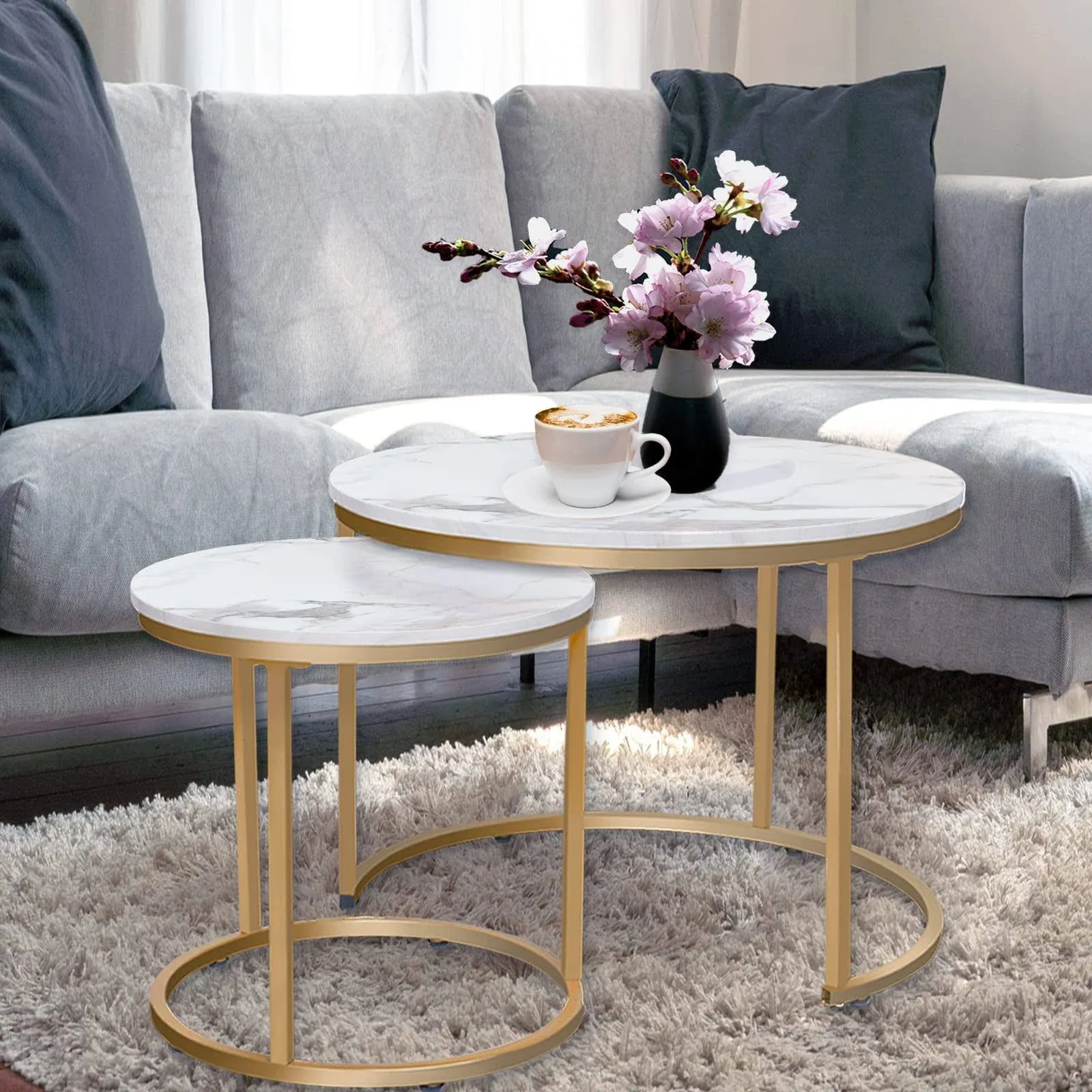 aboxoo Coffee Table Nesting White Set of 2 Side Set Golden Frame Circular and Marble Pattern Wooden Tables, Living Room Bedroom Apartment Modern Industrial Simple Nightstand