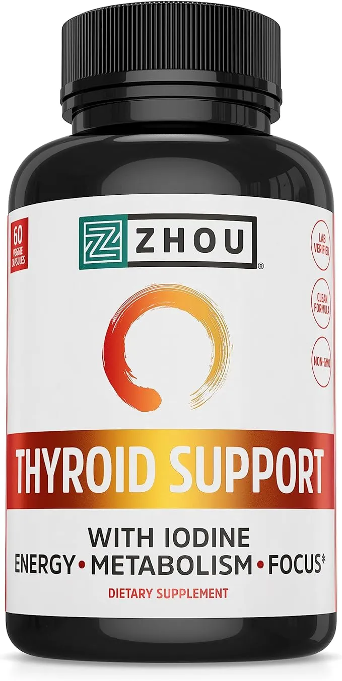 Zhou Thyroid Support Complex with Iodine Supplement, Increase Energy, Fight Brain Fog with Vitamin B12, Iodine, Magnesium, Zinc, Selenium, No Soy, Gluten-Free, 30 Servings, 60 Caps