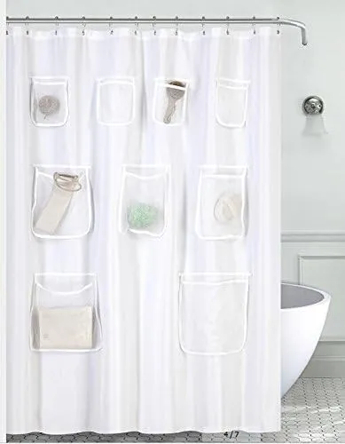 Water-Repellen<wbr/>t Fabric Shower Curtain or Liner with 9 Handy Mesh Pockets, Premiu