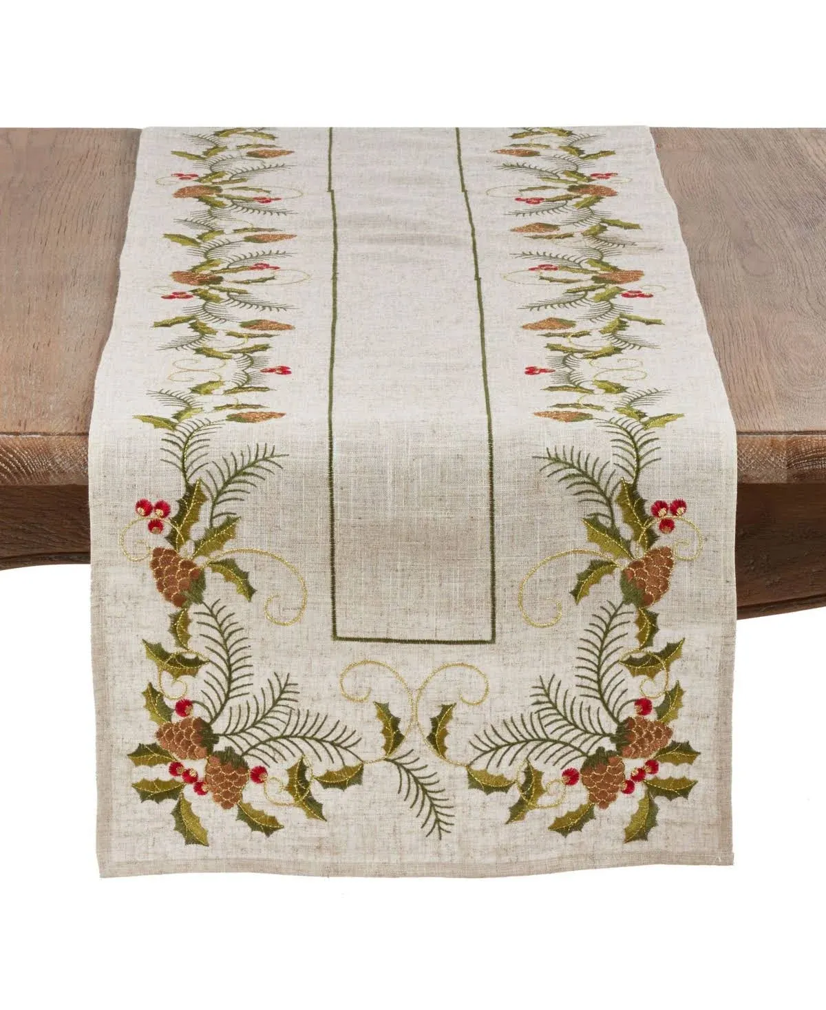 Holiday Embroidered Pinecone and Holly Natural Table Runner, 16"x68" - Rustic - Table Runners - by Fennco Lifestyle Inc | Houzz