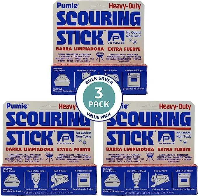 U.S. Pumice Heavy Duty Scouring Stick, 3 Pack, Pumie Pummis Stone, Remove Hard Water Rings, Foot Pumice Stone, Pool Cleaning Stone (3 Pack)