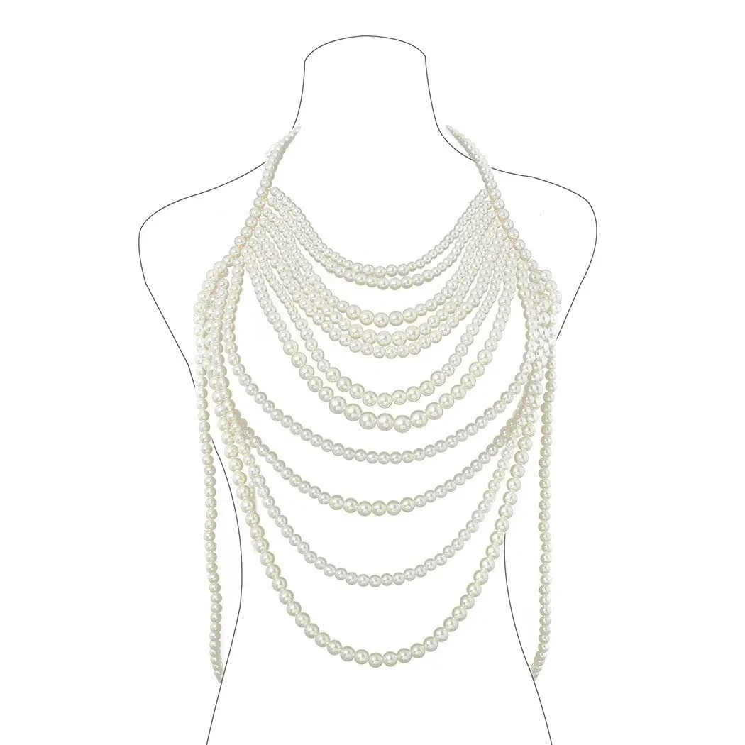 Aiosy Pearls Body Chain Bra Sexy Shawl Necklace Pearl Tops Halter Shoulder Chain Beaded Backless Chest Chains Rave Body Jewelry Festival Party