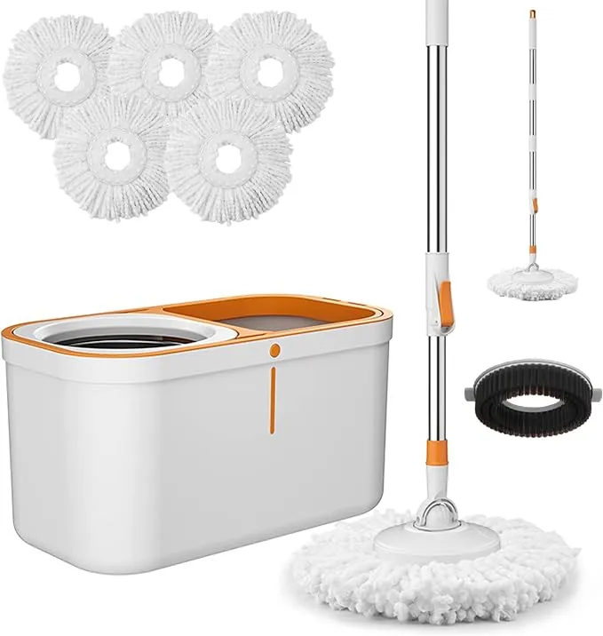 Spin Mop Bucket with Wringer System Extended Mop Handle 61＂Mop and Bucket for Fl