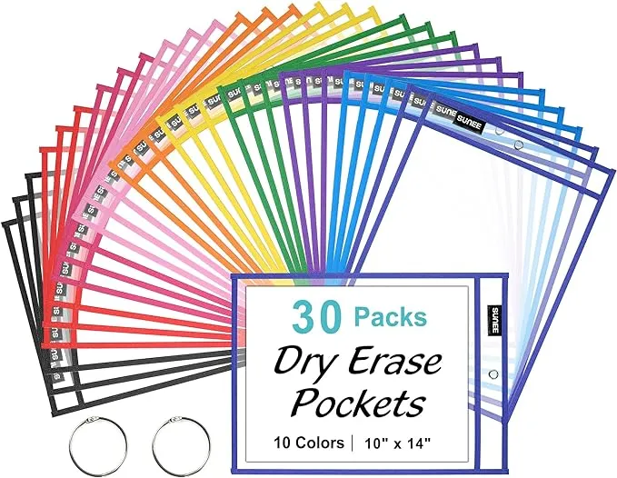 SUNEE 30 Packs Oversized Reusable Dry Erase Pocket Sleeves with 2 Rings, 10 Assorted Colors 10x14 Ticket Holders, Clear Plastic Sheet Protectors, Teacher School Classroom Supplies