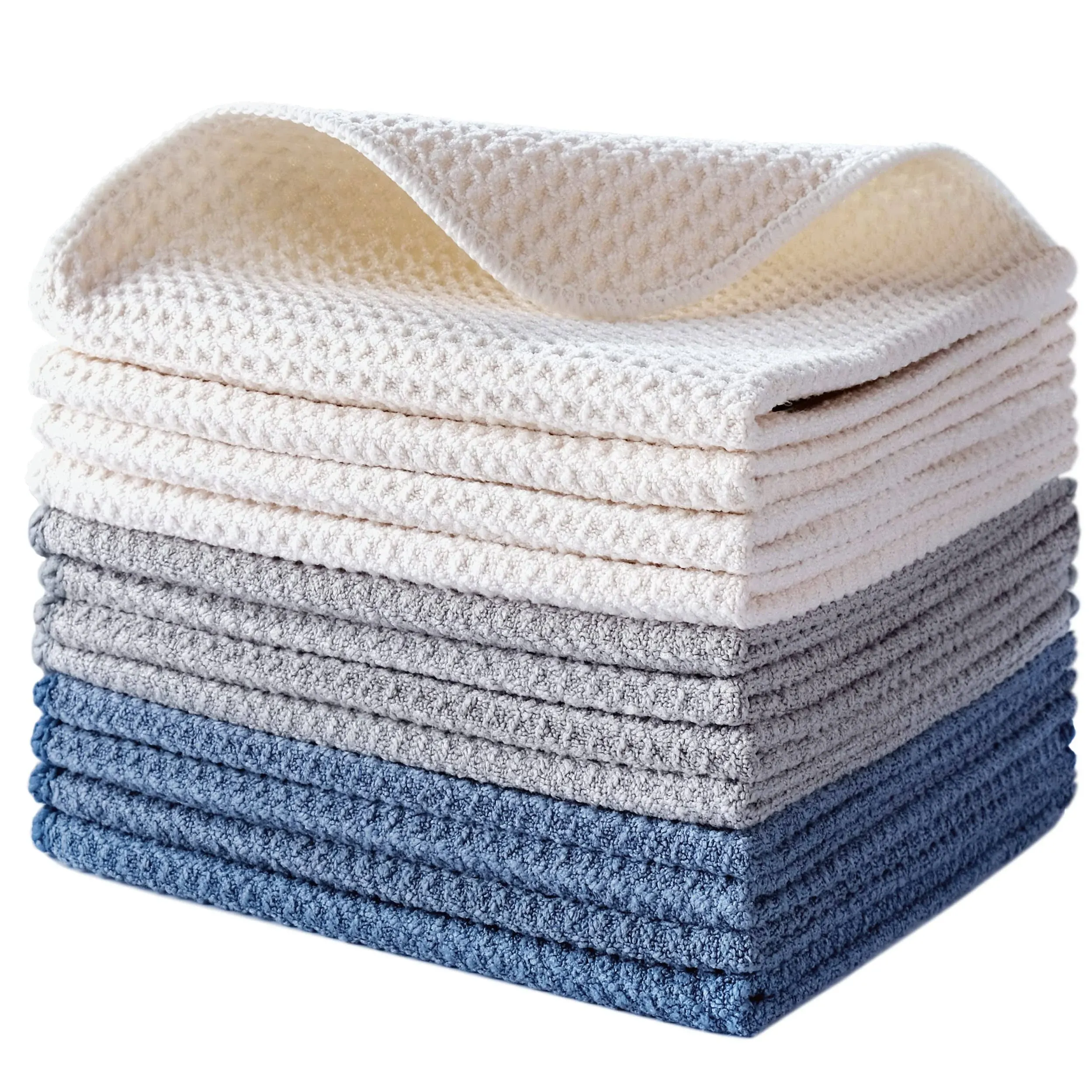 Mainland Textiles LLC POLYTE Premium Microfibre Kitchen Dish Cloth Waffle Weave (Dark Blue, Gray, Off White, 30x30 cm) 12 Pack