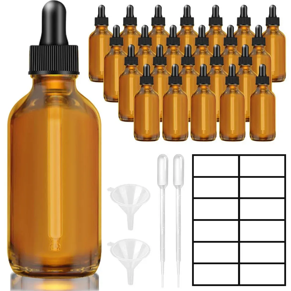 LOTUSBTDT 4oz Dropper Bottles for Essential Oils, 24 Pack 120ml Amber Glass Dropper Bottles with Eye Dropper, 2 Funnel and 2 Long Dropper, Empty