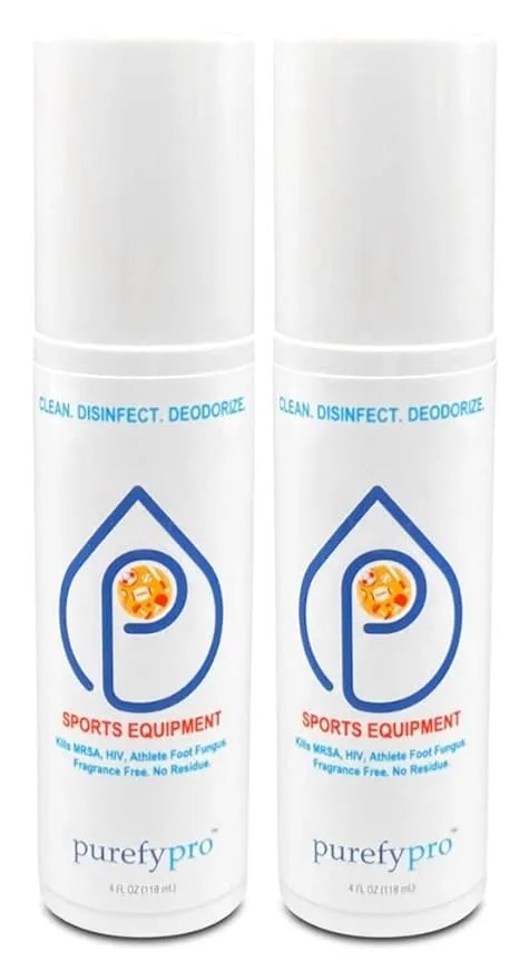 Purefypro Sports Equipment Disinfectant Spray - (4oz, 2pk) Kills 99.9999% MRSA, HIV, Athlete Foot Fungus, Virus and Fungi. No Rinse, No Residue. Sports Pads, Yoga Mats, Shoes, Boxing Gloves Euipment