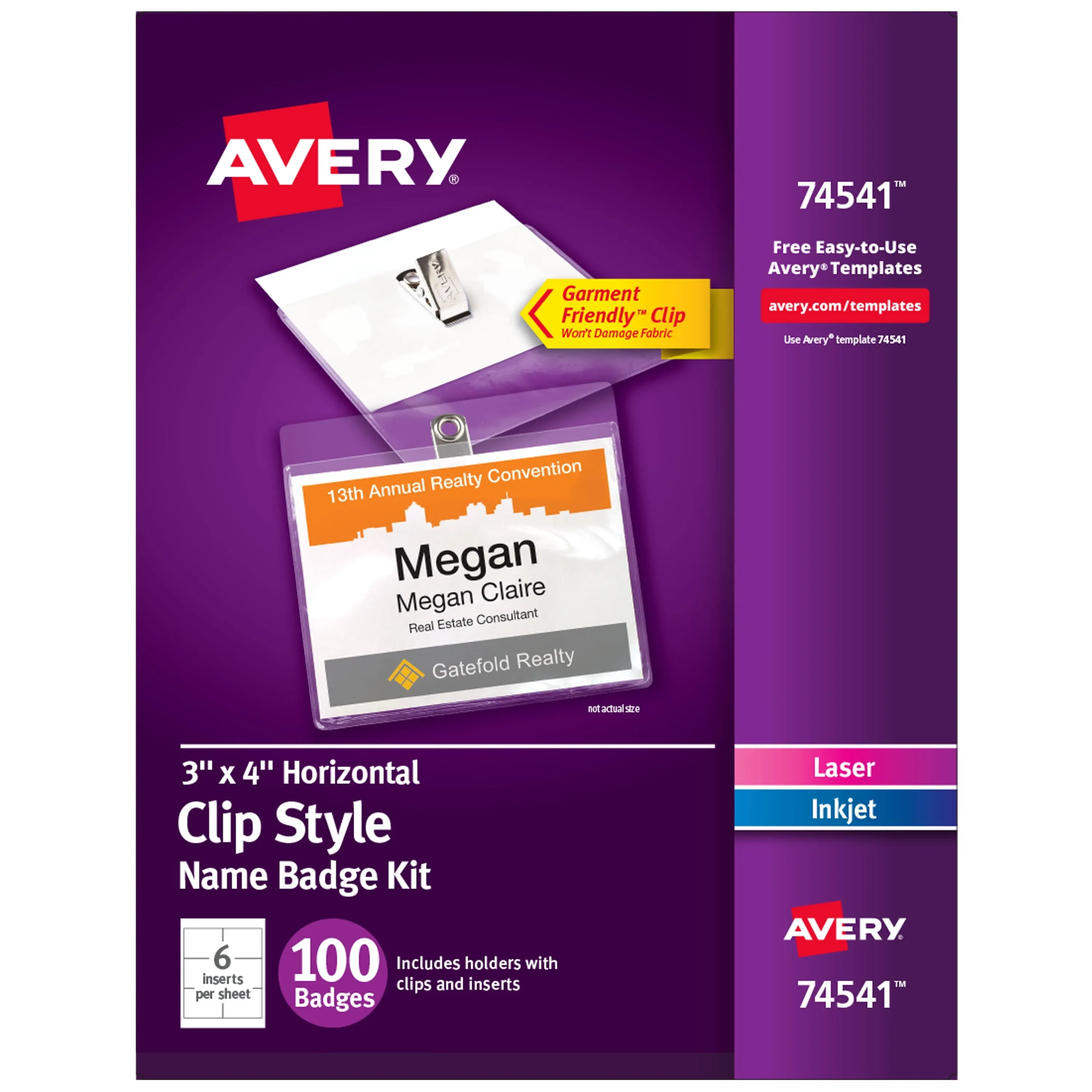 Avery - Clip-Style Name Badge Holder with Laser/Inkjet Insert, Top Load, 4 x 3, White, 100/Box