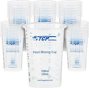 TCP Global 32 Ounce (1000ml) Disposable Flexible Clear Graduated Plastic Mixing Cups - Box of 50 Cups - Use for Paint, Resin, Epoxy, Art, Kitchen,