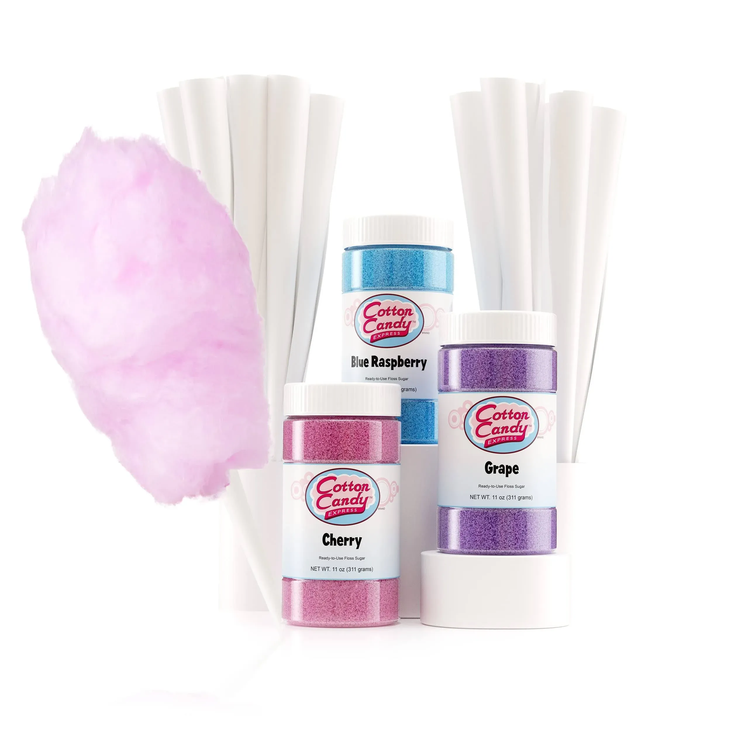 Cotton Candy Fun Pack Blue Raspberry Cherry Grape Floss Sugar 50 Paper Cones New