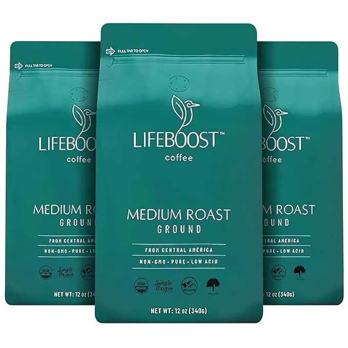 Lifeboost Coffee Ground Medium Roast Coffee - Low Acid Single Origin USDA Organic Coffee - Non-GMO Ground Coffee Third Party Tested for Mycotoxins & P