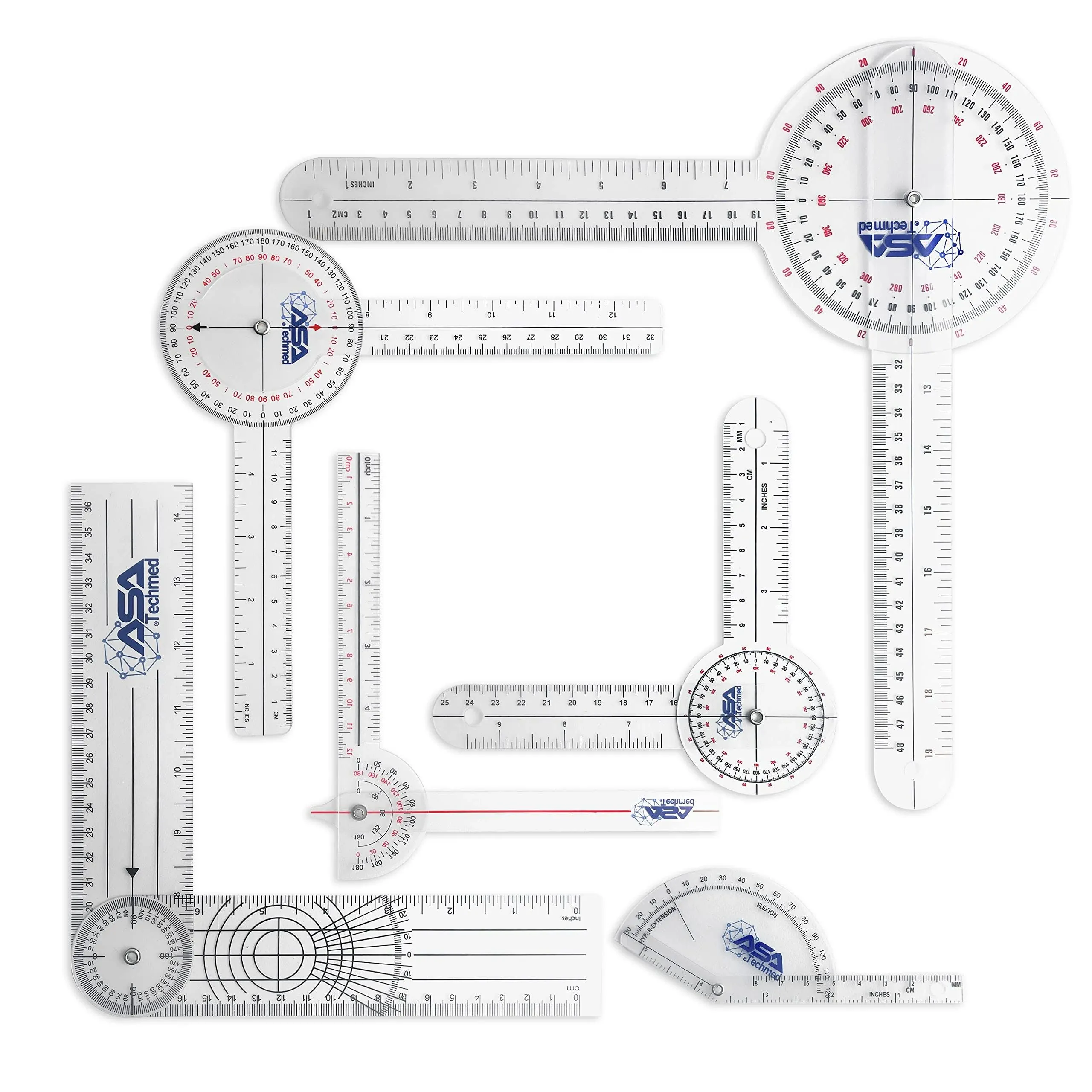 ASA TECHMED 6 Pcs 360° 12, 8 and 6 Inch Medical Spinal Goniometer Angle Protractor Angle Ruler