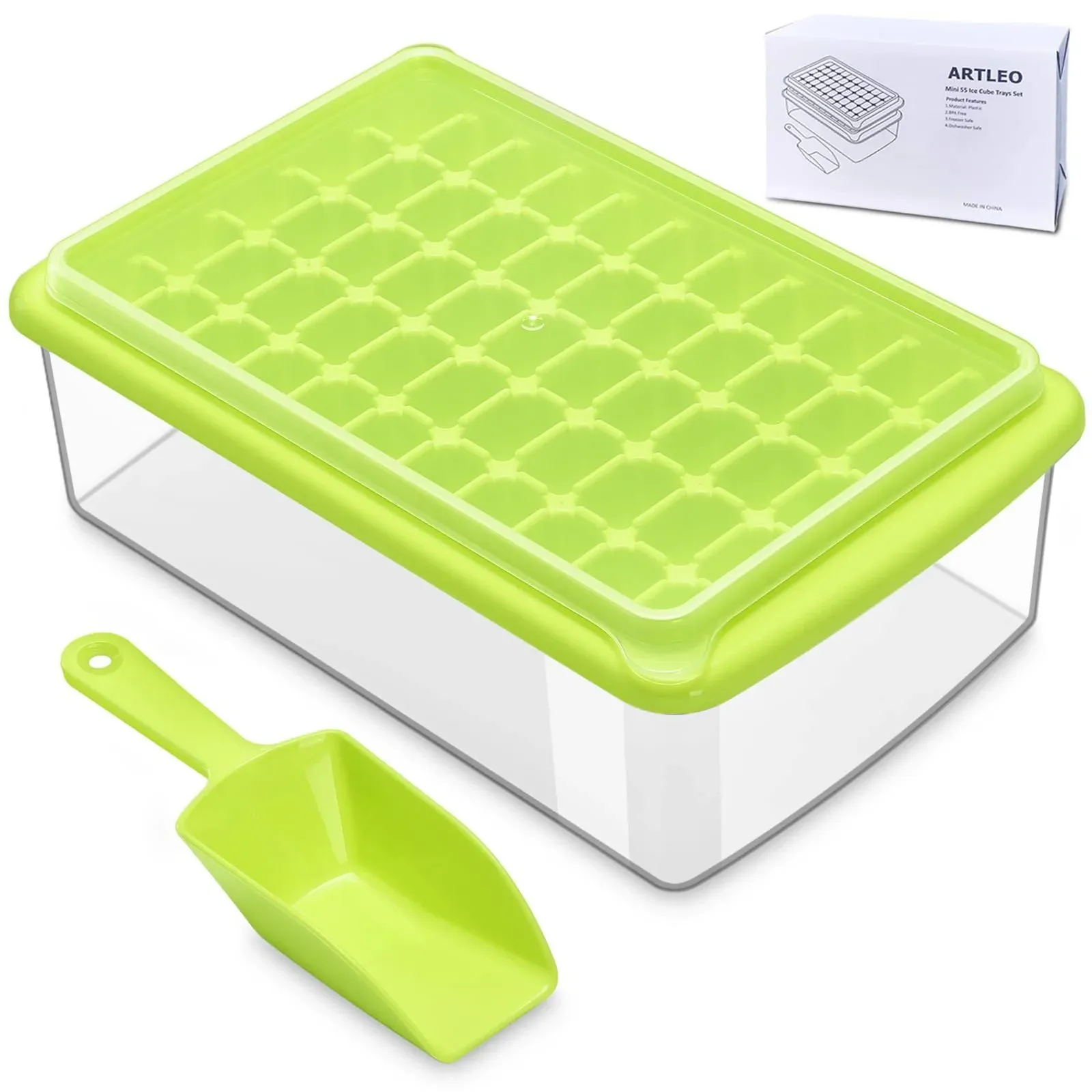 ARTLEO Ice Cube Tray with Lid & Bin for Freezer, Easy Release 55 Nugget Ice Tray with Cover, Storage Container, Scoop. Small Ice Cube Maker Tray & Mold. Flexable Durable Plastic, BPA Free, 1 Tier