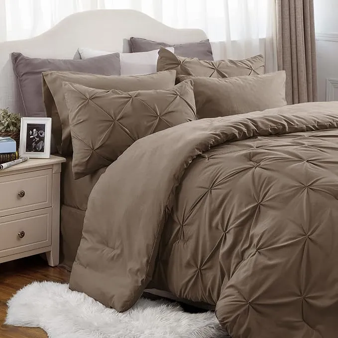 Bedsure Twin Size Comforter Sets Brown - 5 Pieces Pintuck Bed Set Twin Size, Twin Size Bed in a Bag with Comforter, Sheets, Pillowcase & Sham