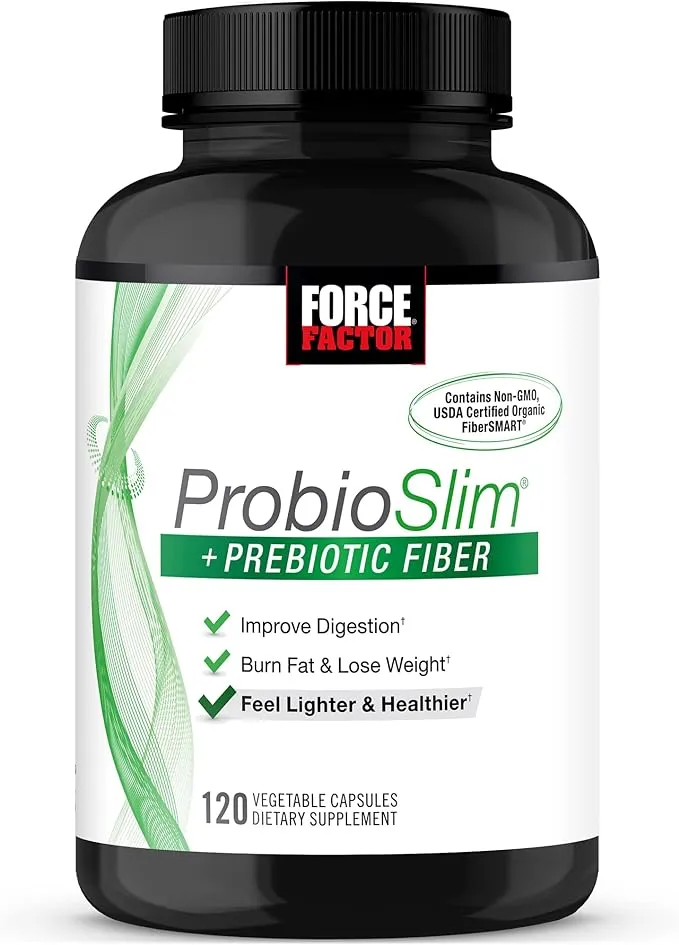 Force Factor ProbioSlim + Prebiotic Fiber Weight Loss Supplement for Women and Men, Probiotic and Prebiotic Digestive Health Support with Green Tea Extract and Psyllium Husk Fiber, 120 Capsules