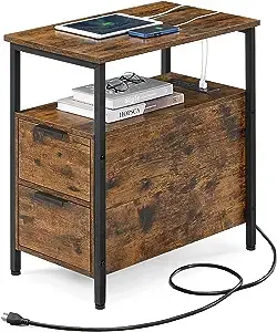 VASAGLE Side Table with Charging Station, Narrow End Table with 2 Drawers, Slim Nightstand and Bedside Table with Storage, for Small Spaces, Rustic Brown and Black ULET321B01