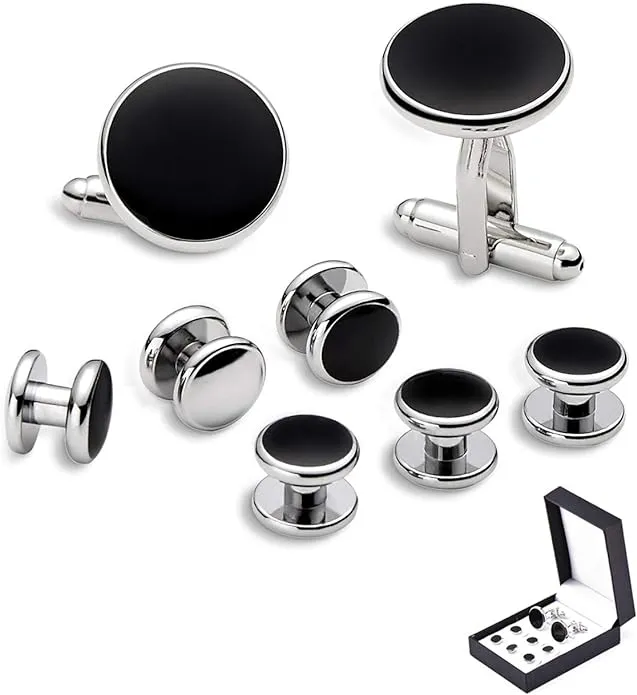 Zealmer 8pcs Tuxedo Shirts Studs and Cufflinks Set for Men Black