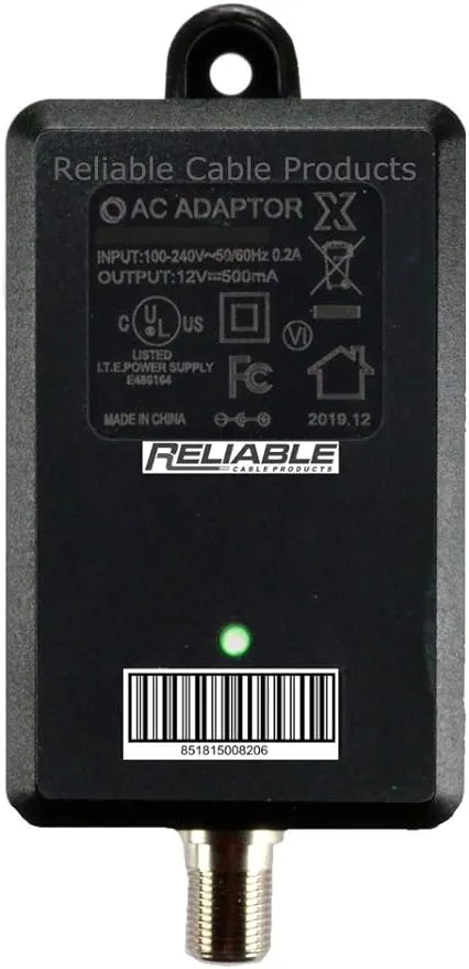 Reliable Cable Power Supply, High Efficiency OEM Replacement Wall Mount Coax Adapter for CATV Drop Amplifiers 12V 500mA (0.5A) with F-Type Connection, DoE Level VI Rated