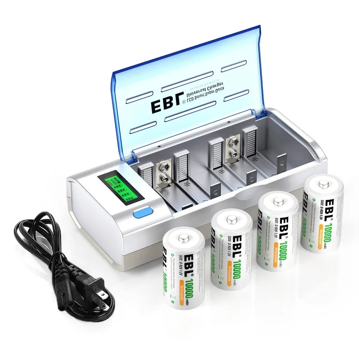 EBL 4x D Cells 10000mAh Rechargeable Batteries w/ C D 9V AA AAA Battery Charger