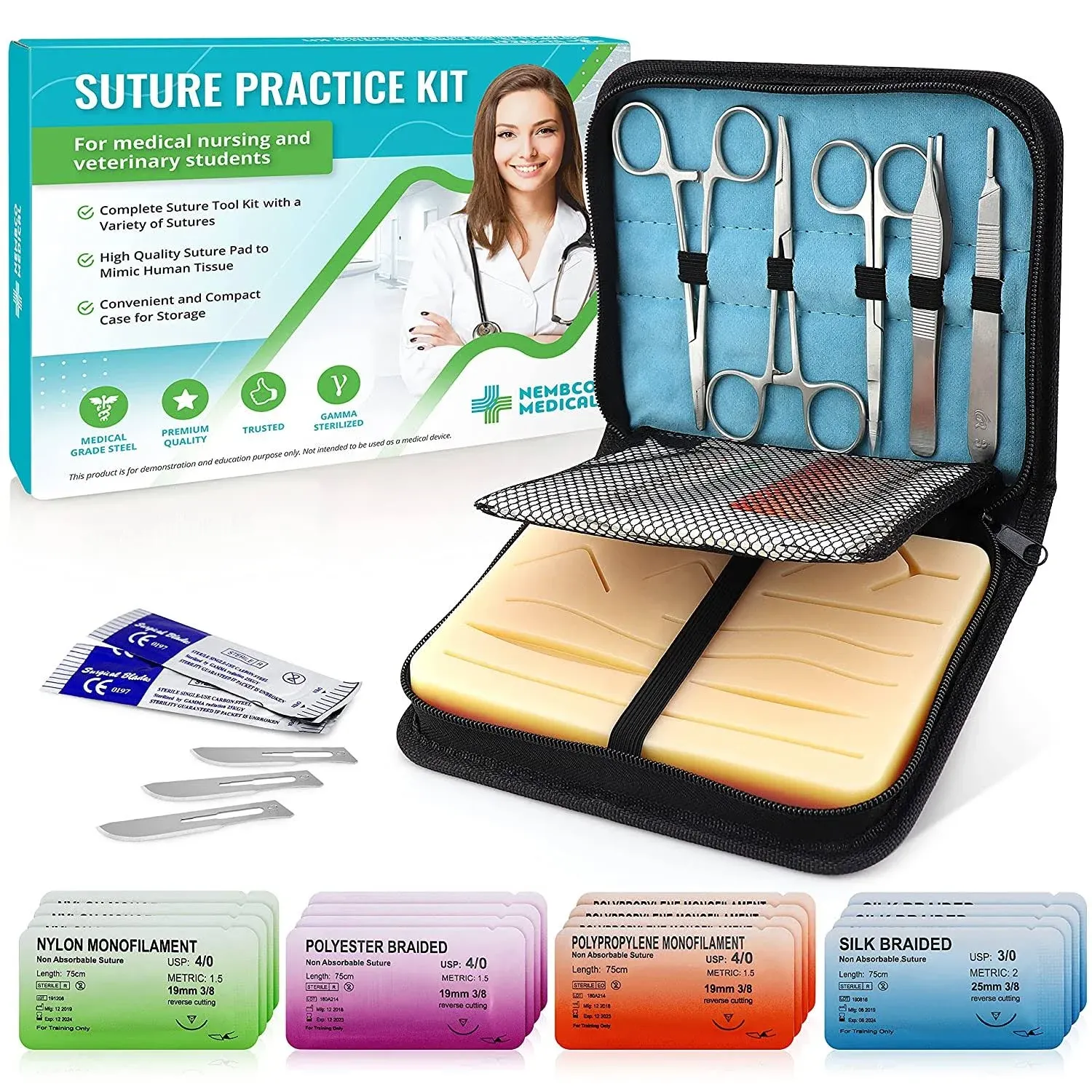 Medikits- Complete Suture Practice Kit for Suture Training, Including Large Silicone Suture Pad with Pre-Cut Wounds and Suture Tool kit (25 Pieces)(Demonstration and Education Use Only)