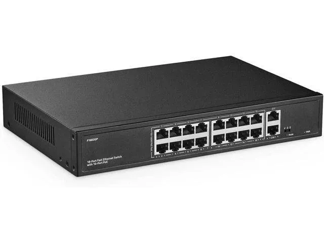 YuLinca 16 Port PoE Switch with 2 Gigabit Uplink, 10/100Mbps PoE+ Ports, 100/1000Mbps Uplink, IEEE802.3af/at, Max 200W, VLAN & PoE Extend 250m, Metal RackMount Fanless Unmanaged Ethernet Switch