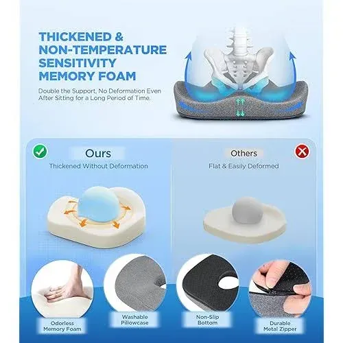 5X Support Thicker Seat Cushion for Desk Chair Car Office, U-Shape Cooling Gel Pressure Relief Cushions with Hollow design, Non-Slip Memory Foam Donut Pillow for Tailbone Sciatica Coccyx Low Back Pain