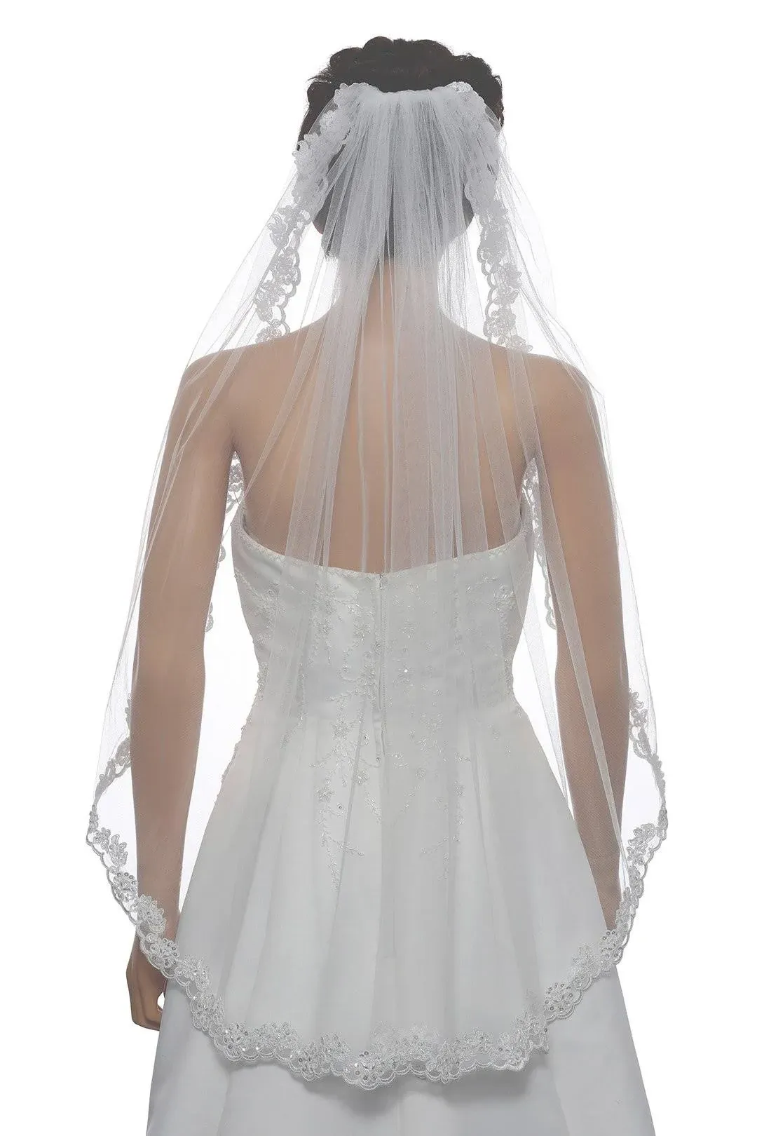 1T 1 Tier Flower Scallop Embroided Lace Pearl Bridal Wedding Veil