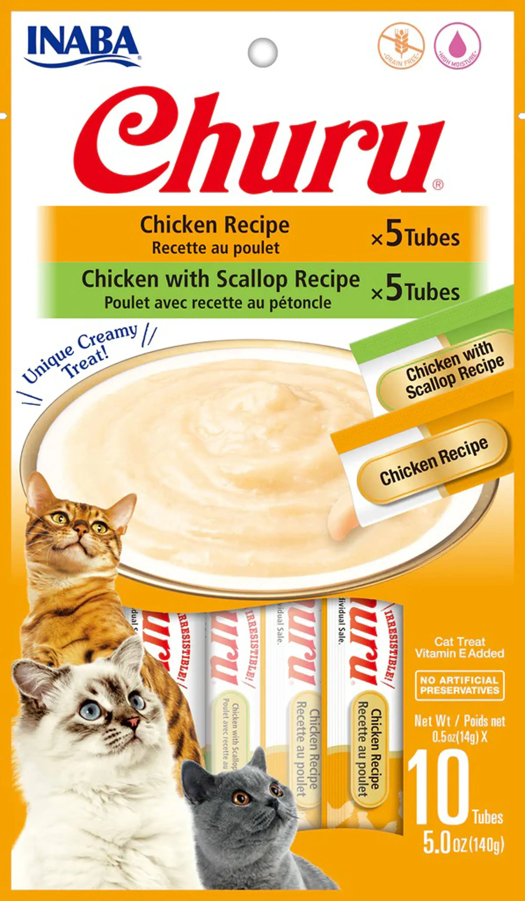 INABA Churu Cat Treats, Grain-Free, Lickable, Squeezable Creamy Purée Cat Treat/Topper with Vitamin E & Taurine, 0.5 Ounces Each, 40 Tubes, Tuna & Seafood Variety Box