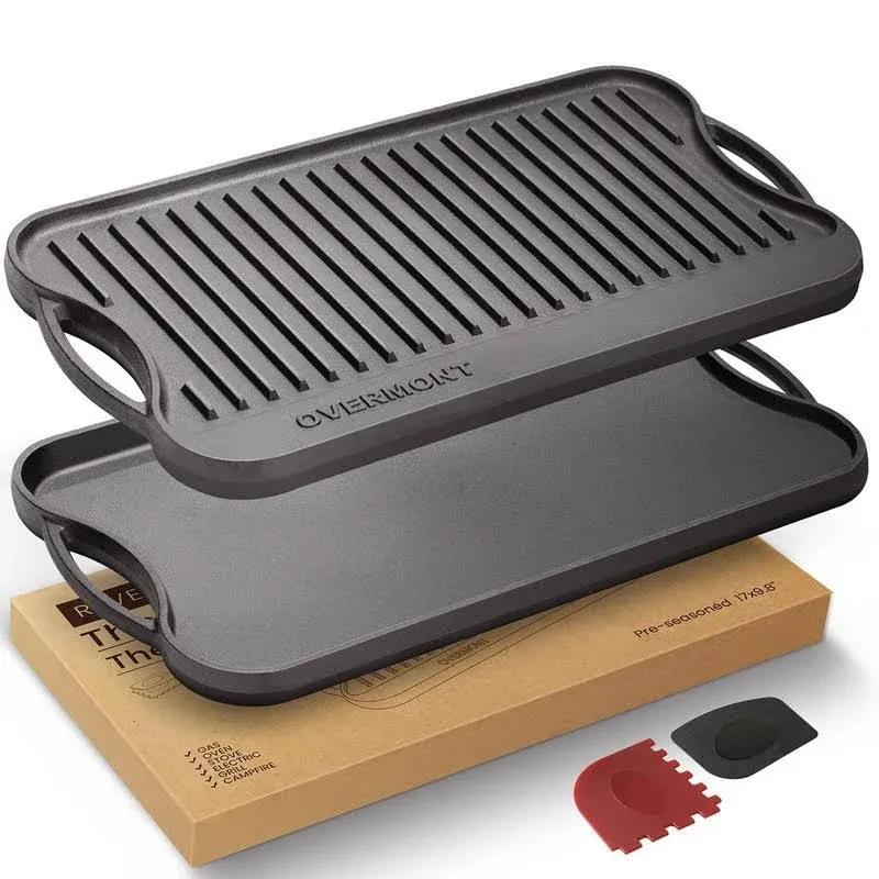 Overmont Pre-Seasoned 17x9.8" Cast Iron Reversible Griddle Grill Pan with Handles ...