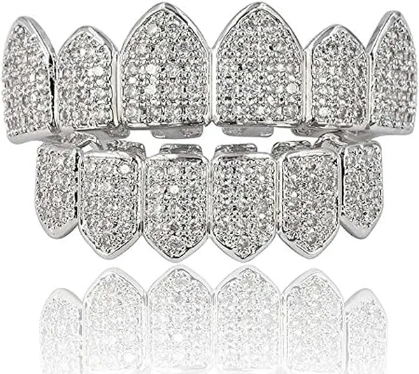 JINAO 18K Gold Plated Macro Pave CZ Iced-Out Grillz with Extra Molding Bars Included (Silver Set)