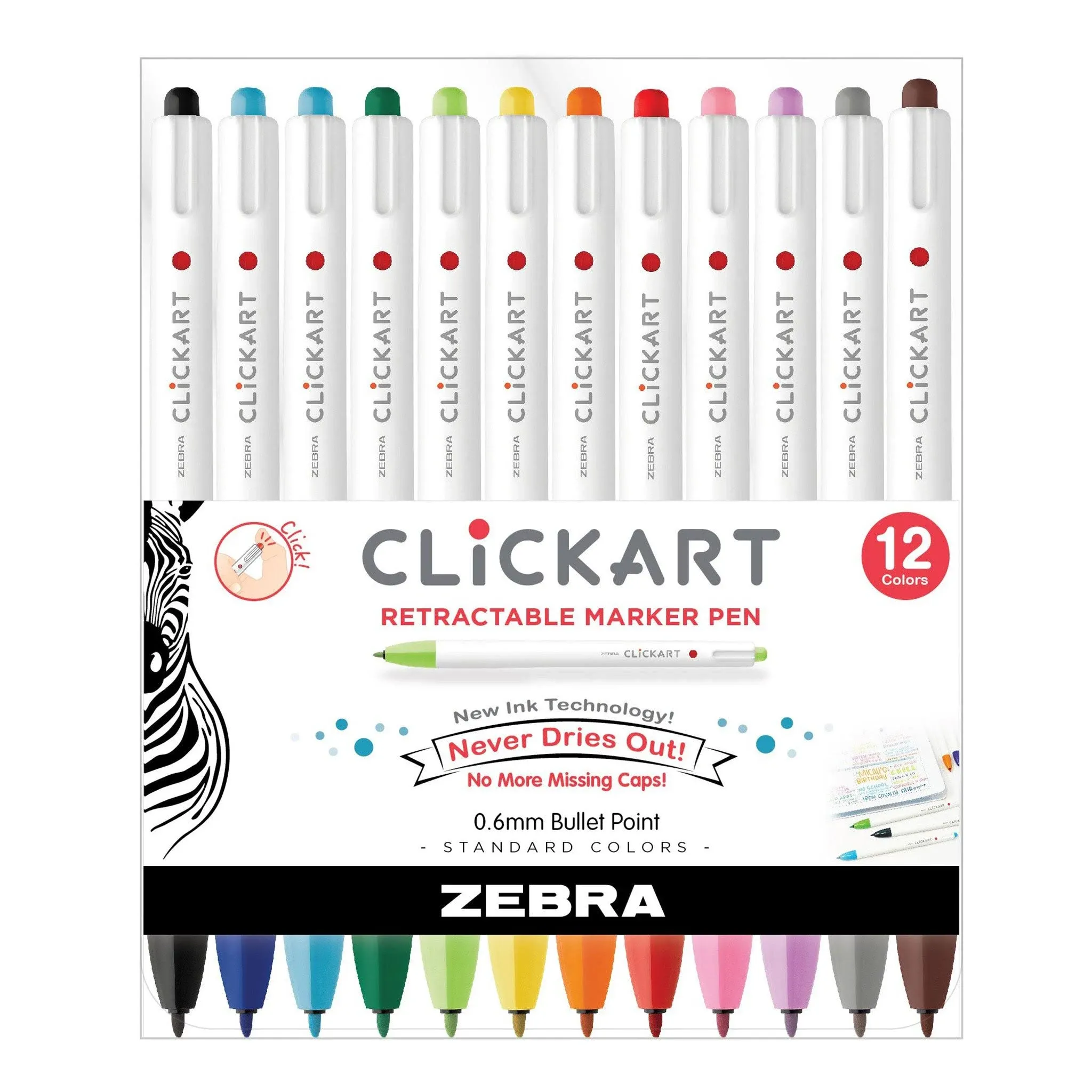 Zebra Clickart Retractable Marker Pen, Fine 0.6 mm, Assorted Ink, White Barrel, 12/Pack