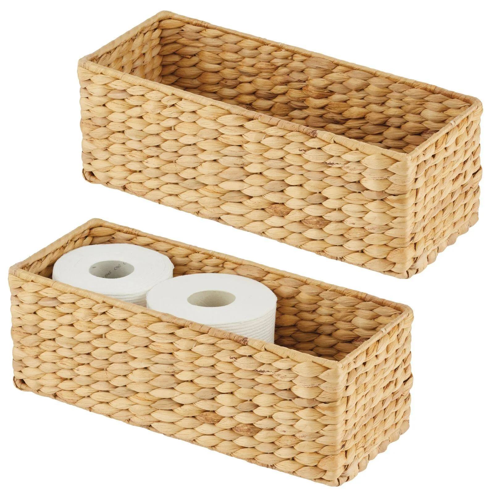 mDesign Woven Hyacinth Bathroom Toilet Tank Storage Basket, 2 Pack, Natural/Tan