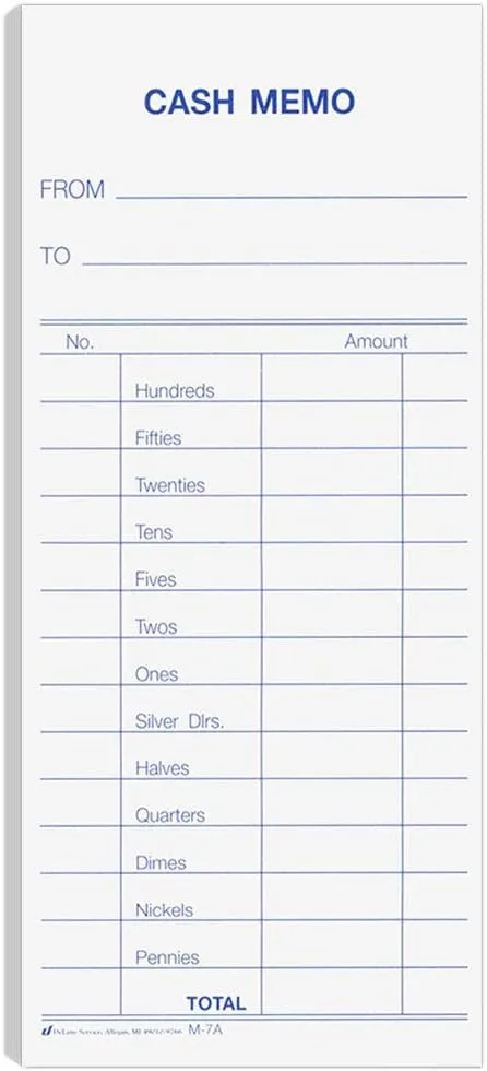 BankSupplies Cash Memo - 2.75 W X 6.25 H - Pack Of 1000 - Padded Form - Printed in Blue Ink - White Background - To & From Details - Recordkeeping & Money Handling Forms