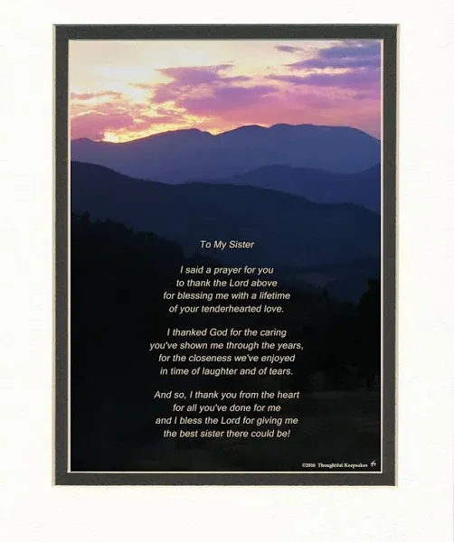 Sister Gift with Thank You Prayer for Best Sister Poem. MTS Sunset Photo, 8x10 ...