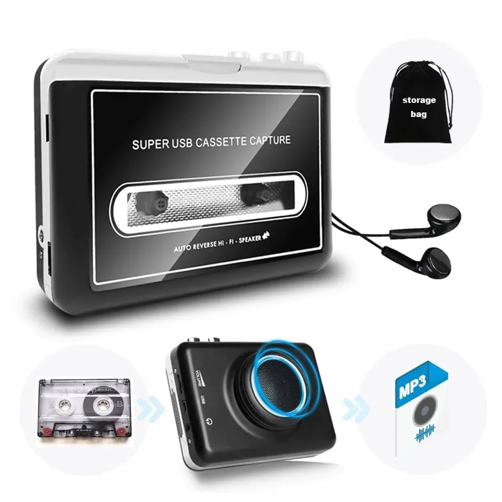 Updated Cassette Tape Player with Speaker Portable Cassette to MP3 Converter Audio Cassette to Digital Converter via USB Auto Reverse Clear Stereo Compatible with Mac Laptops & Personal Computers