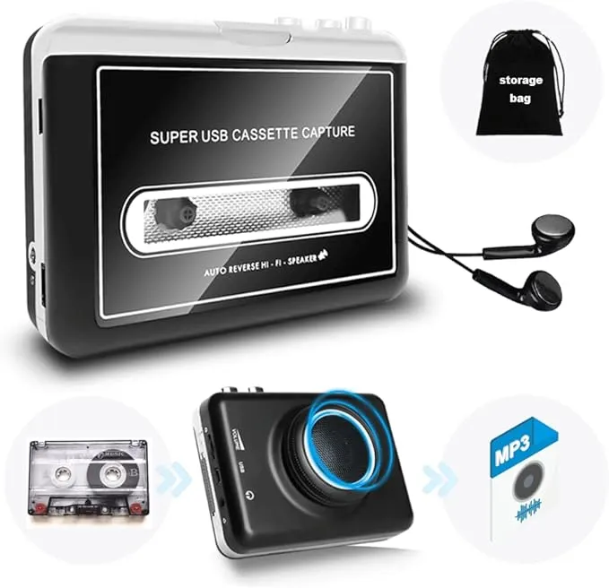 Updated Cassette Tape Player with Speaker Portable Cassette to MP3 Converter Audio Cassette to Digital Converter via USB Auto Reverse Clear Stereo Compatible with Mac Laptops & Personal Computers