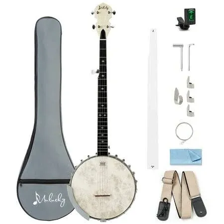 Mulucky 5 String Banjo - Full Size with 24 Brackets, Open Back, Maple Banjo with ...