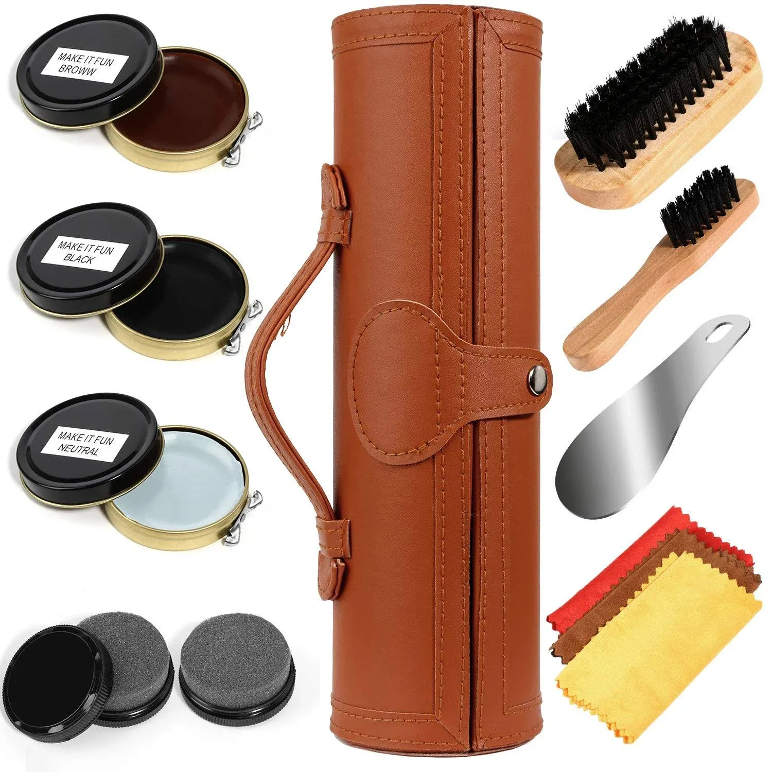 Shoe Shine Kit with PU Leather Sleek Elegant Case, 12-Piece