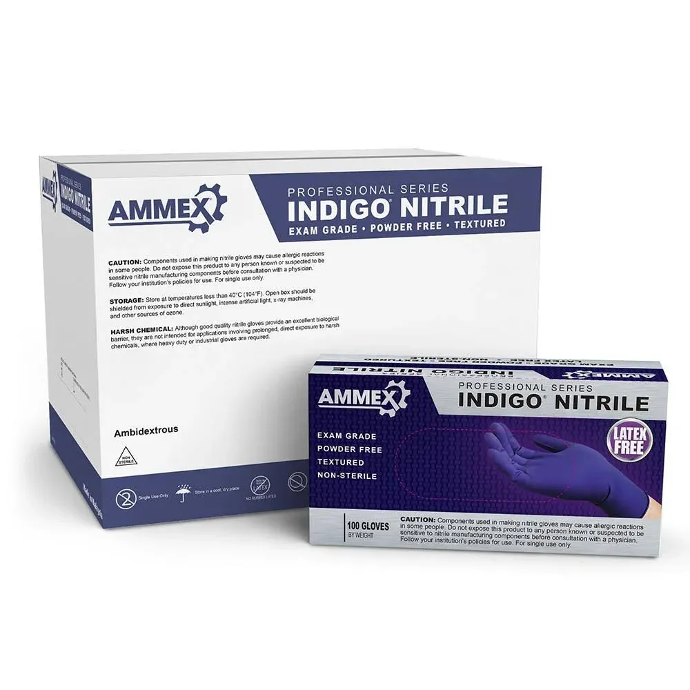 AMMEX - AINPF44100 - Indigo Nitrile Gloves, 4 mil, Latex Free, Powder Free, Textured, Disposable, Non-Sterile - Medium - 100/Pack