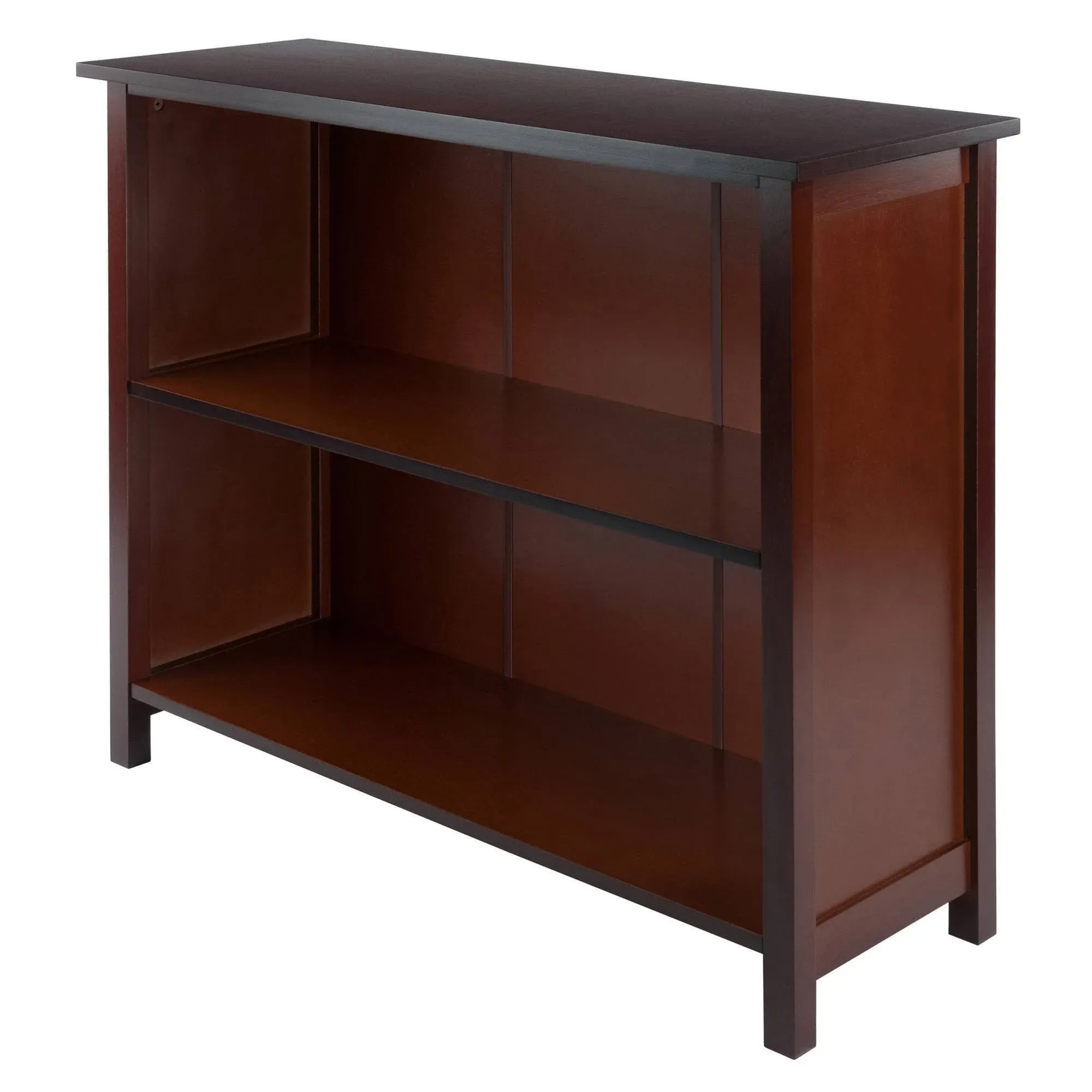 Winsome Wood Bookcase Wide Shelf Walnut Finish Closed Back Solid Wood 2-Section