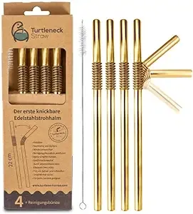 Bendable Straw | The Only Flexible Stainless Steel Straw | Patented & Hygienic Certified | Metal Straw | Reusable | Drinking Straws | 4 pcs Set + Straw Brush Cleaner (golden)