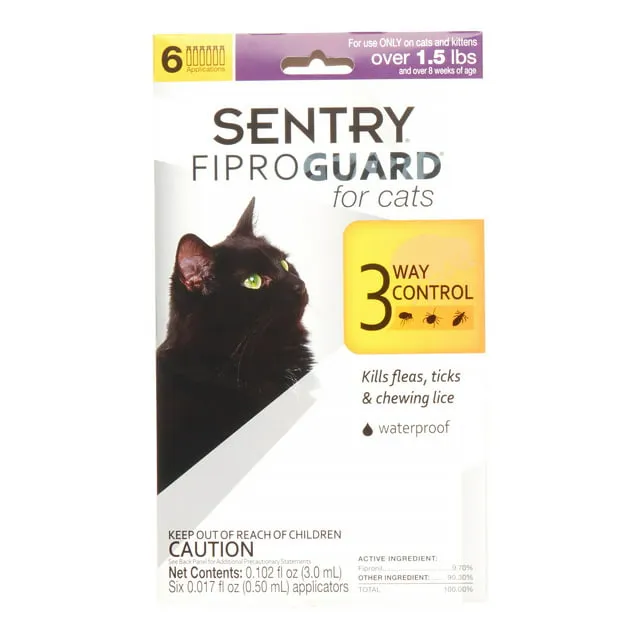 SENTRY Fiproguard Plus Flea and Tick Topical for Cats, 1.5 lbs and Over, 6 Month Supply